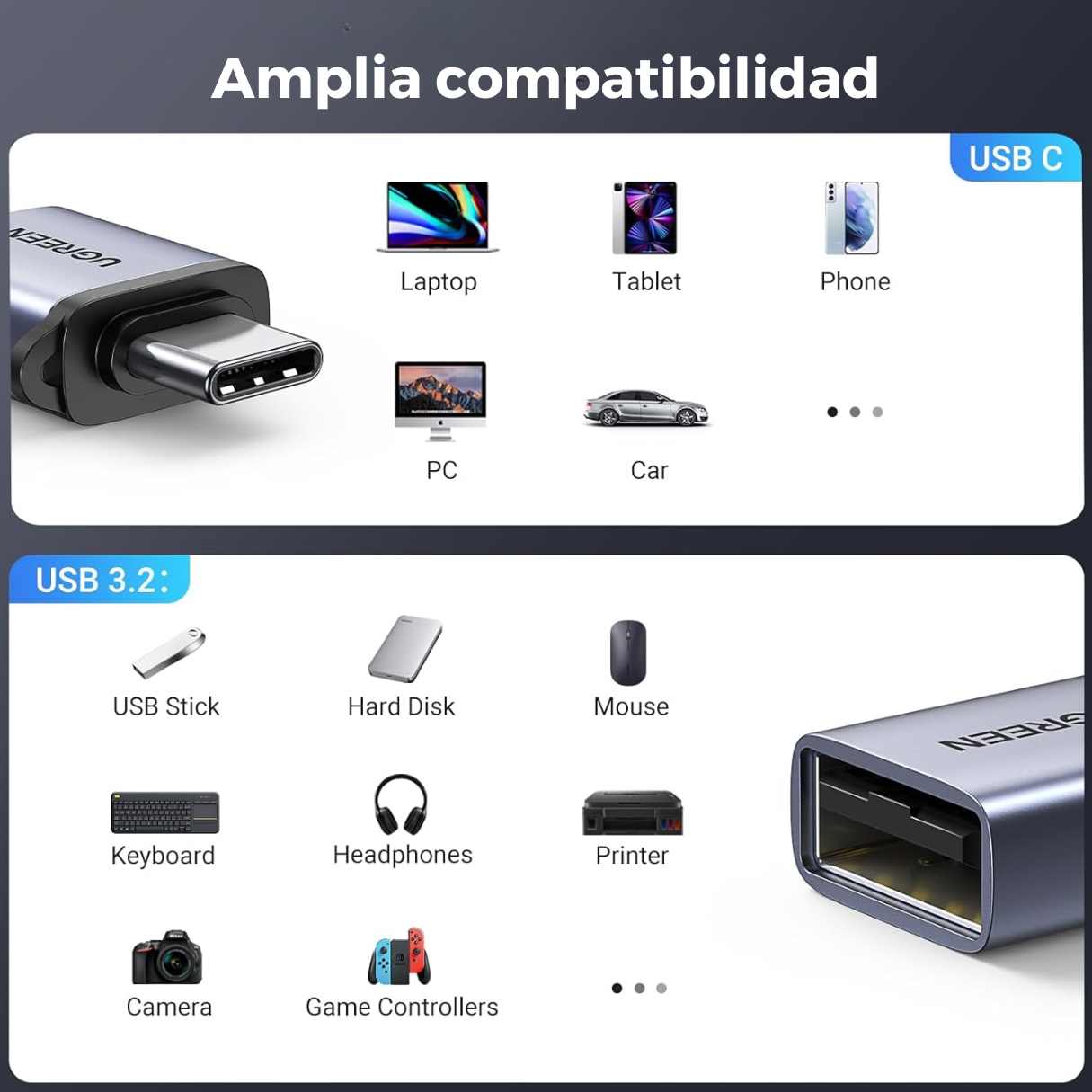 Ugreen adaptador tipo C a USBA 3.2 hembra /tipo C hembra a USBA macho de 10GBPS thunderbolt para Macbook