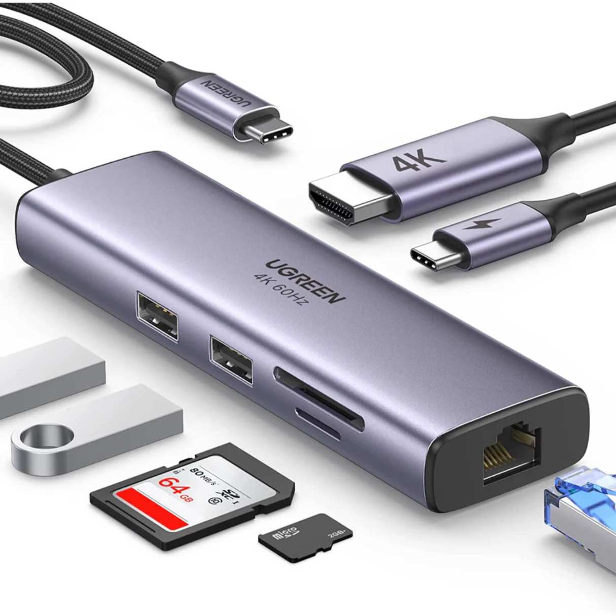 Ugreen Revodok Adaptador de red 7 en 1 4K, HDMI, PD de 100W, lector de tarjetas para lapto Macbook/iPAd/Samsug Galaxy/iPhone