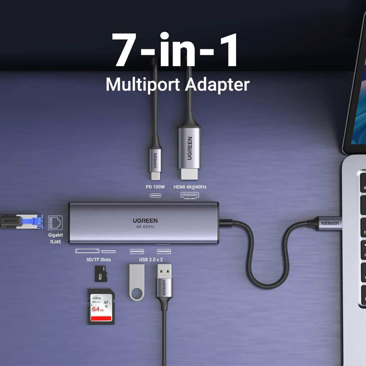 Ugreen Revodok Adaptador de red 7 en 1 4K, HDMI, PD de 100W, lector de tarjetas para lapto Macbook/iPAd/Samsug Galaxy/iPhone