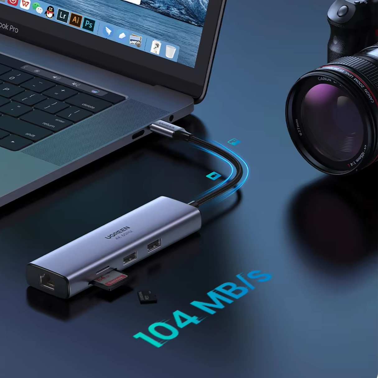 Ugreen Revodok Adaptador de red 7 en 1 4K, HDMI, PD de 100W, lector de tarjetas para lapto Macbook/iPAd/Samsug Galaxy/iPhone