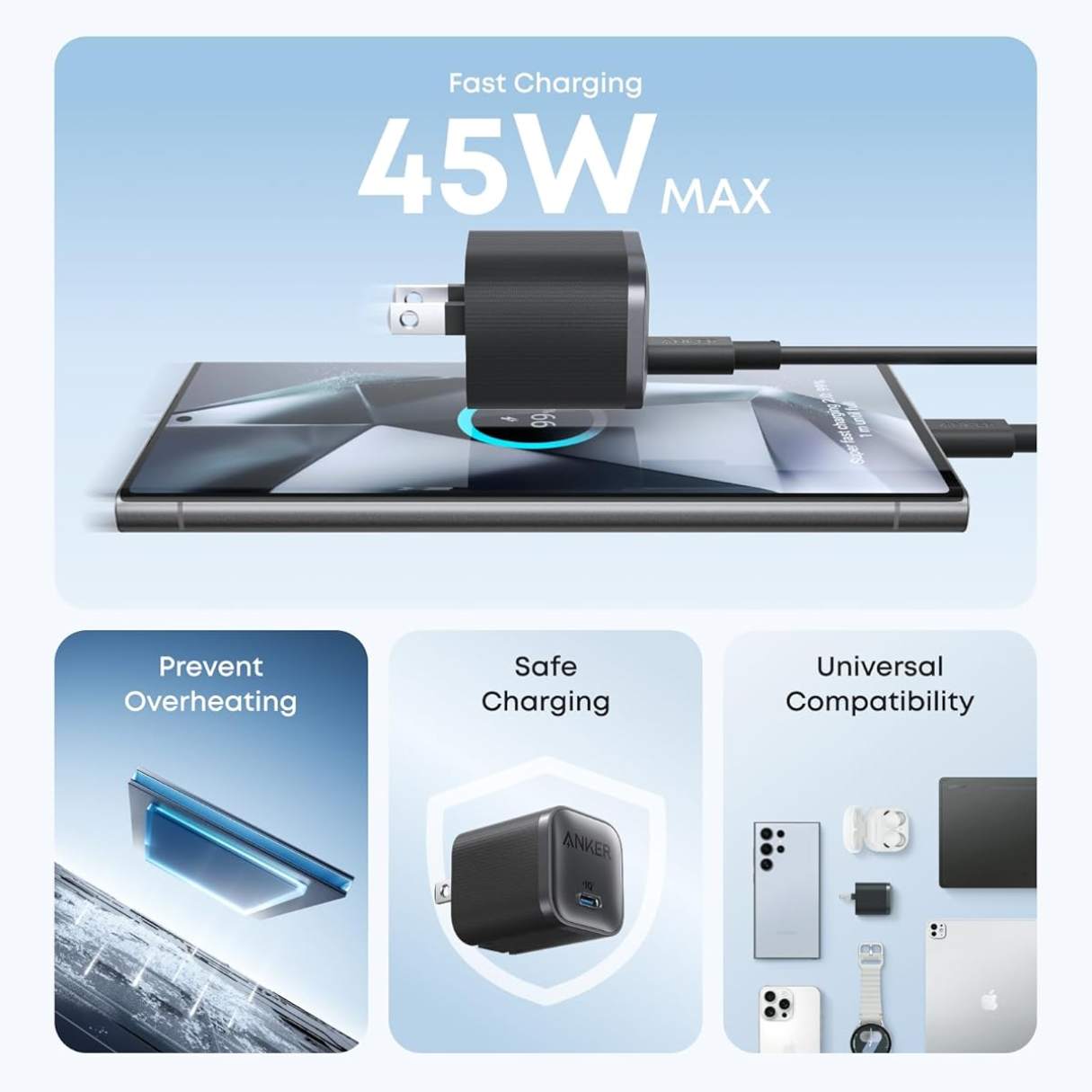 Anker Cargador tipo C Nano de 45 W de carga súper rápida, compacto y plegable con cable tipo C C 1.80M