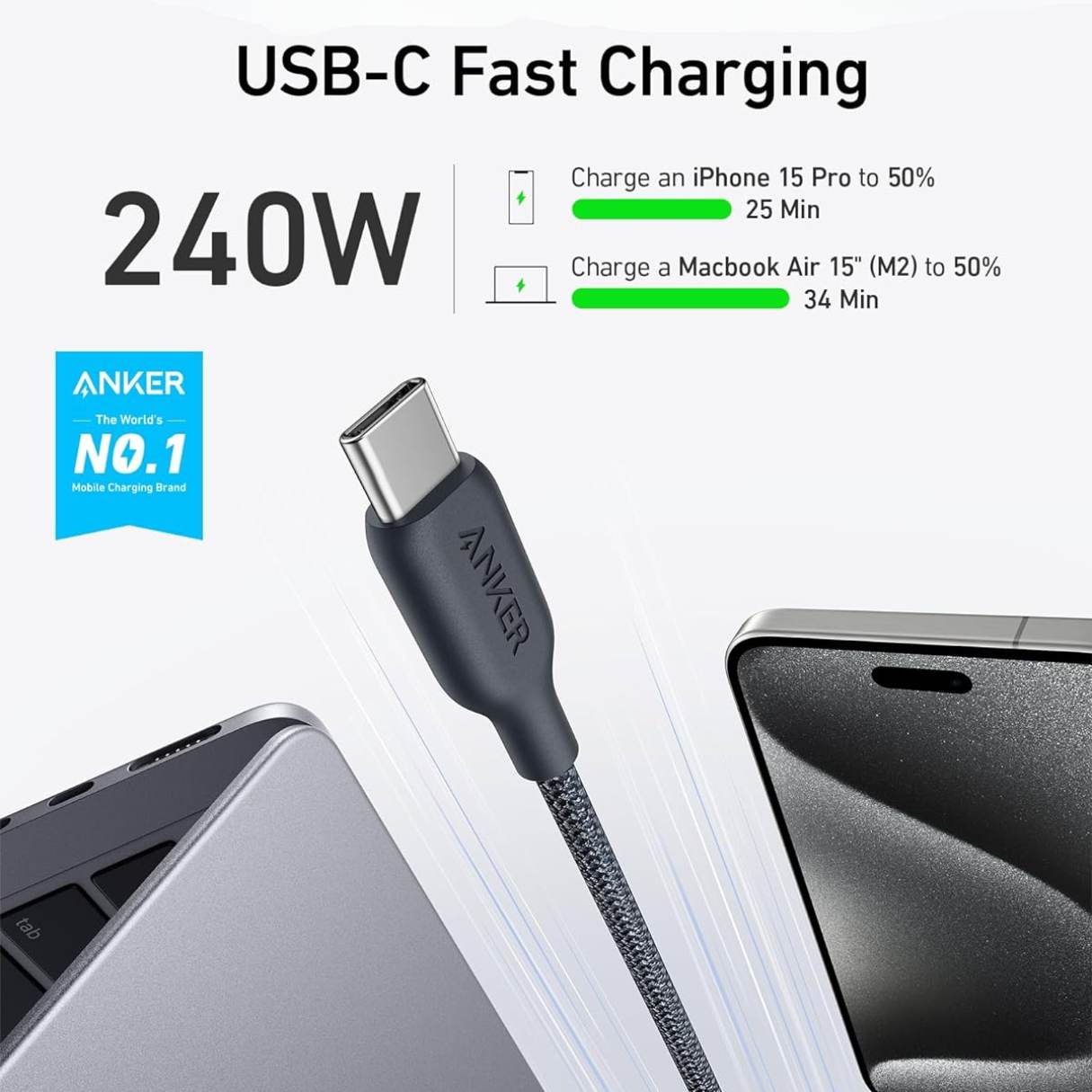 Anker cable tipo C 240W 1,8M, bio trenzado para Macbook, Samsung Galaxy Ultra, iPhone 15/16