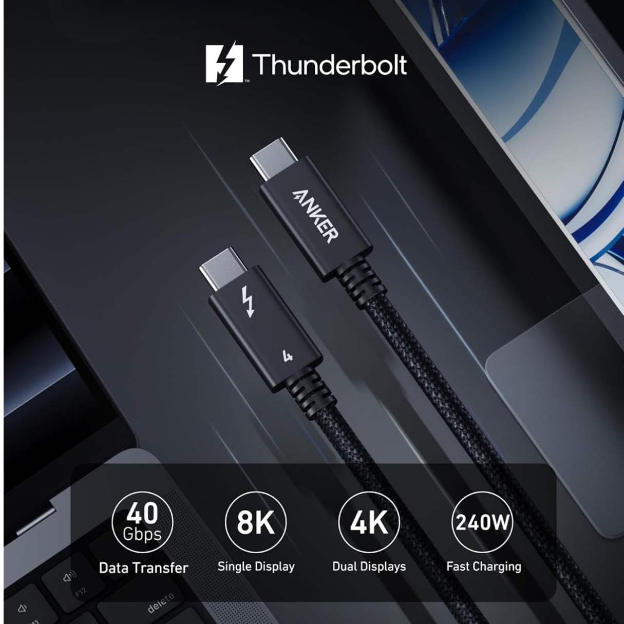 Anker Prime Cable Thunderbolt 4 tipo C 240W, transferencia de datos 40 Gbps, video 8K/4K, para iPhone 15/16 Series, MacBook Air, iPad, Samsung 1M