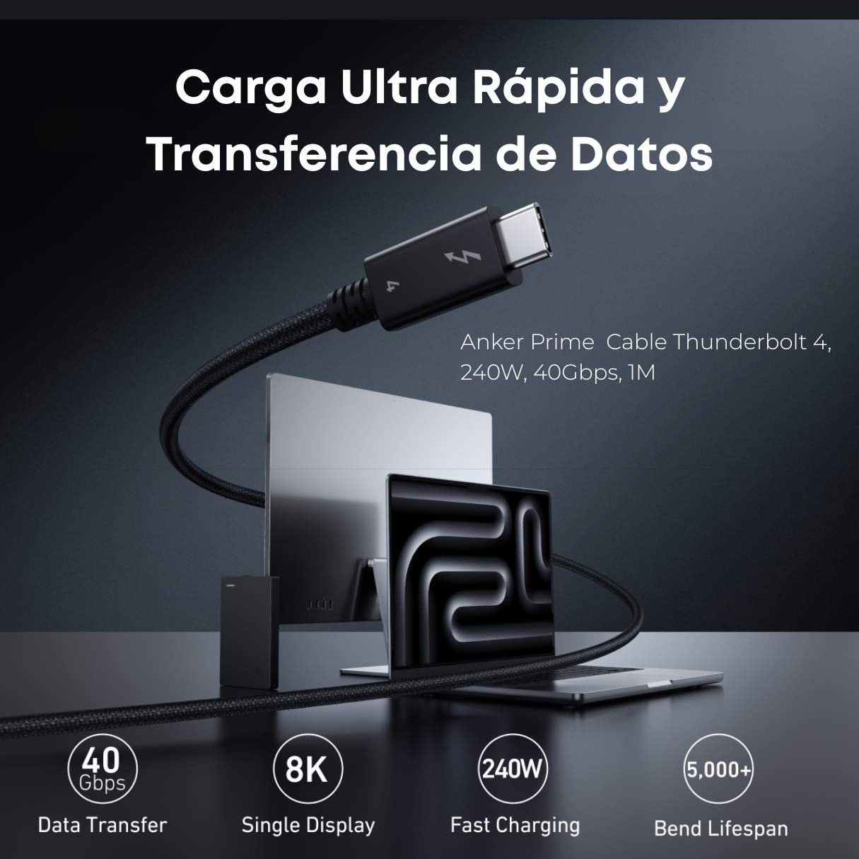 Anker Prime Cable Thunderbolt 4 tipo C 240W, transferencia de datos 40 Gbps, video 8K/4K, para iPhone 15/16 Series, MacBook Air, iPad, Samsung 1M