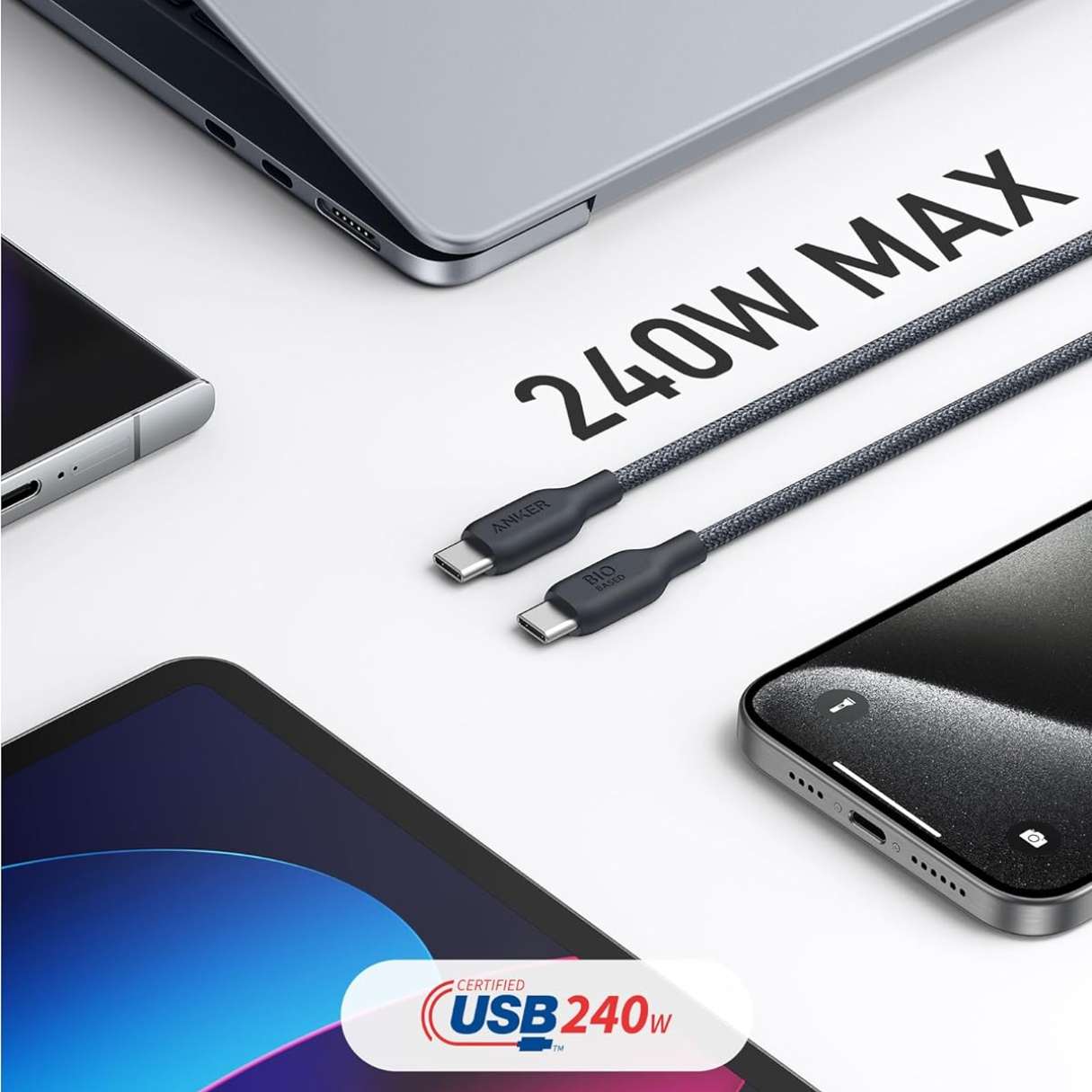 Anker cable tipo C a C carga rápida 240W bio trenzado repelente a la suciedad para laptops, celulares, tablets y más 0.9M