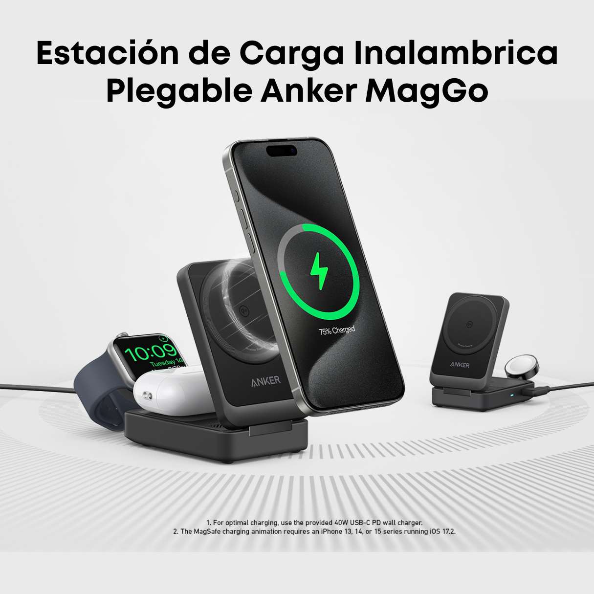 Anker MagGo - Estación de carga 3 en 1 para iPhone 16, compatible con MagSafe plegable de 15W certificado Qi2, AirPods, Apple Watch 10/9/Ultra