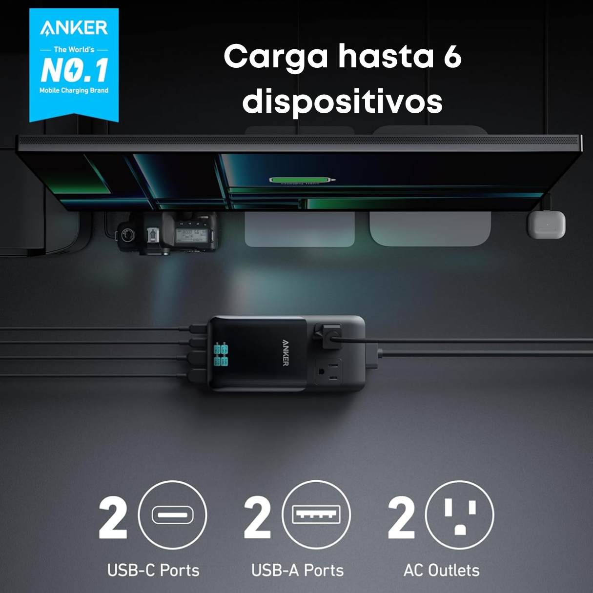 Anker Prime - Estación de carga 6 en 1, 140 W, cable de extensión desmontable para MacBook/iPhone/Galaxy/Dell y más