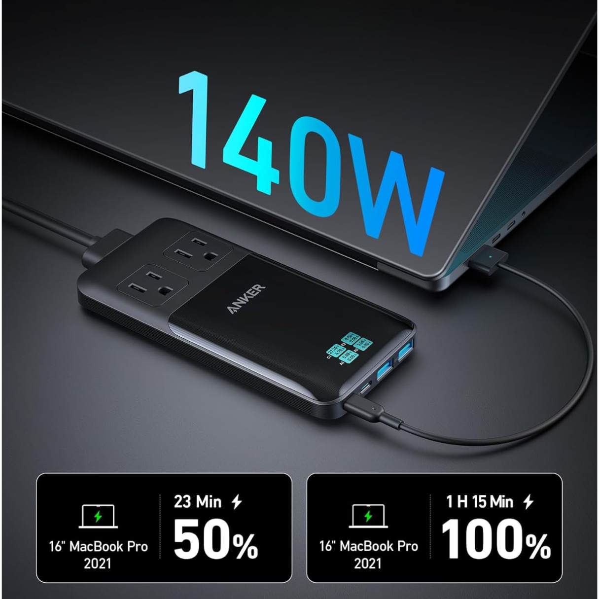Anker Prime - Estación de carga 6 en 1, 140 W, cable de extensión desmontable para MacBook/iPhone/Galaxy/Dell y más