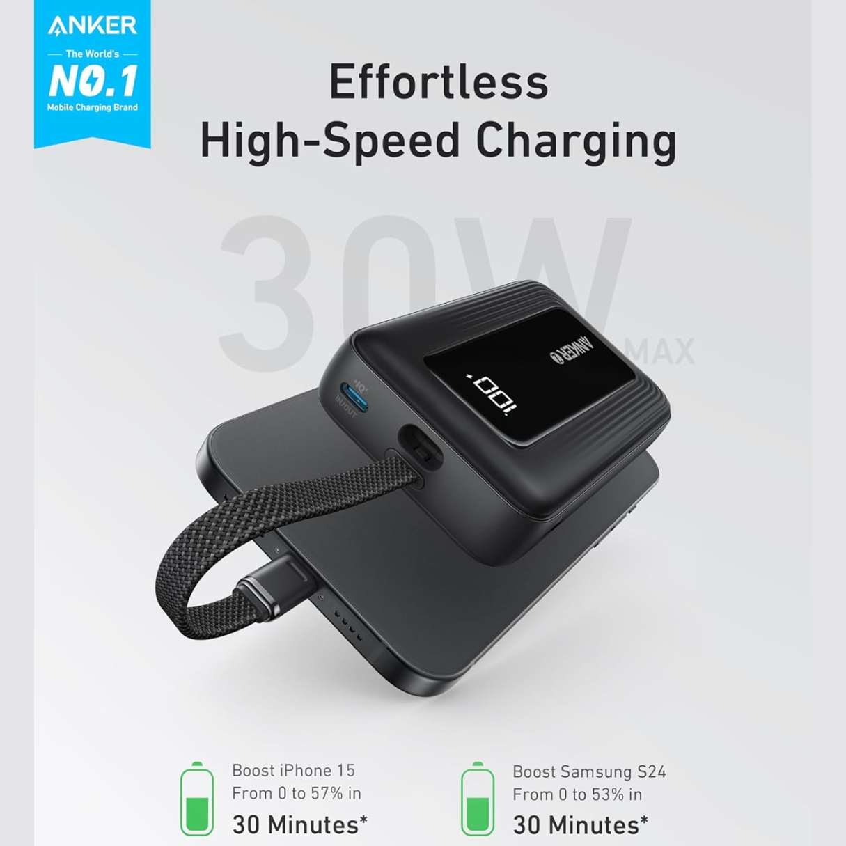 Anker Power Bank 10000 mAh 30W con cable tipo C integrado, carga rapida, indicador LED