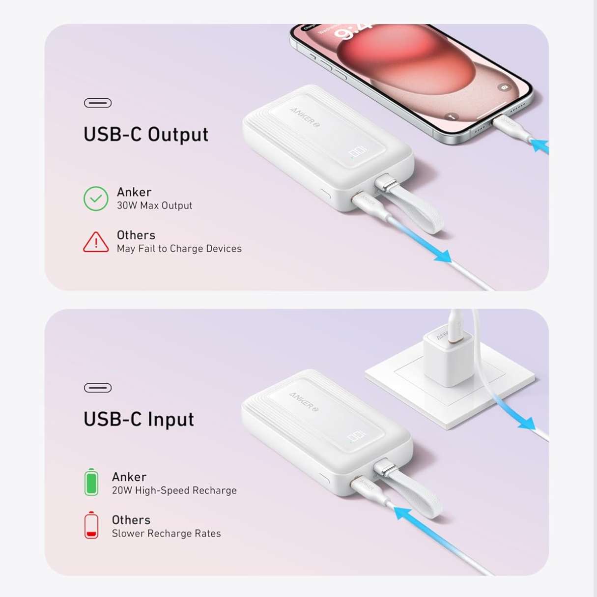 Anker Power Bank 10000 mAh 30W con cable tipo C integrado, carga rapida, indicador LED