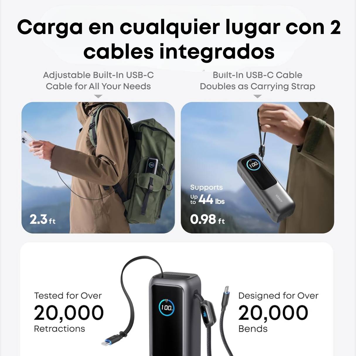 Anker Cargador Portátil de 25000 mAh 3 puertos tipo C de 100W, cables integrados y retráctiles, para iPhone 16/15 Series, MacBook, Samsung y más