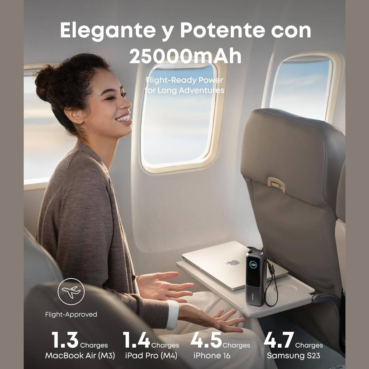 Anker Cargador Portátil de 25000 mAh 3 puertos tipo C de 100W, cables integrados y retráctiles, para iPhone 16/15 Series, MacBook, Samsung y más