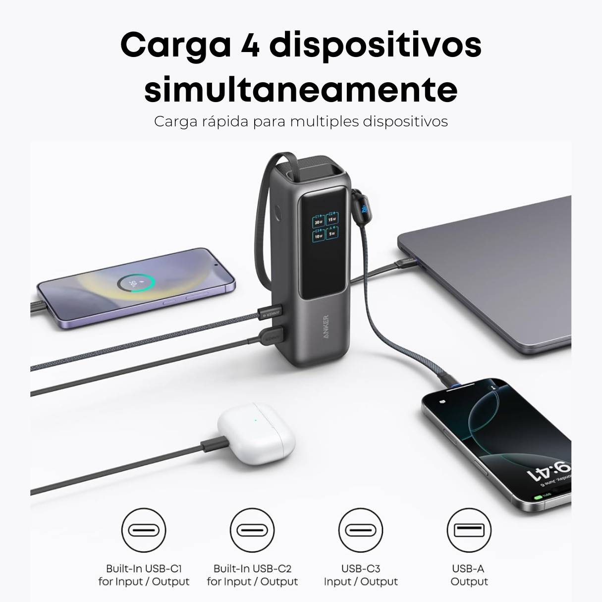 Anker Cargador Portátil de 25000 mAh 3 puertos tipo C de 100W, cables integrados y retráctiles, para iPhone 16/15 Series, MacBook, Samsung y más