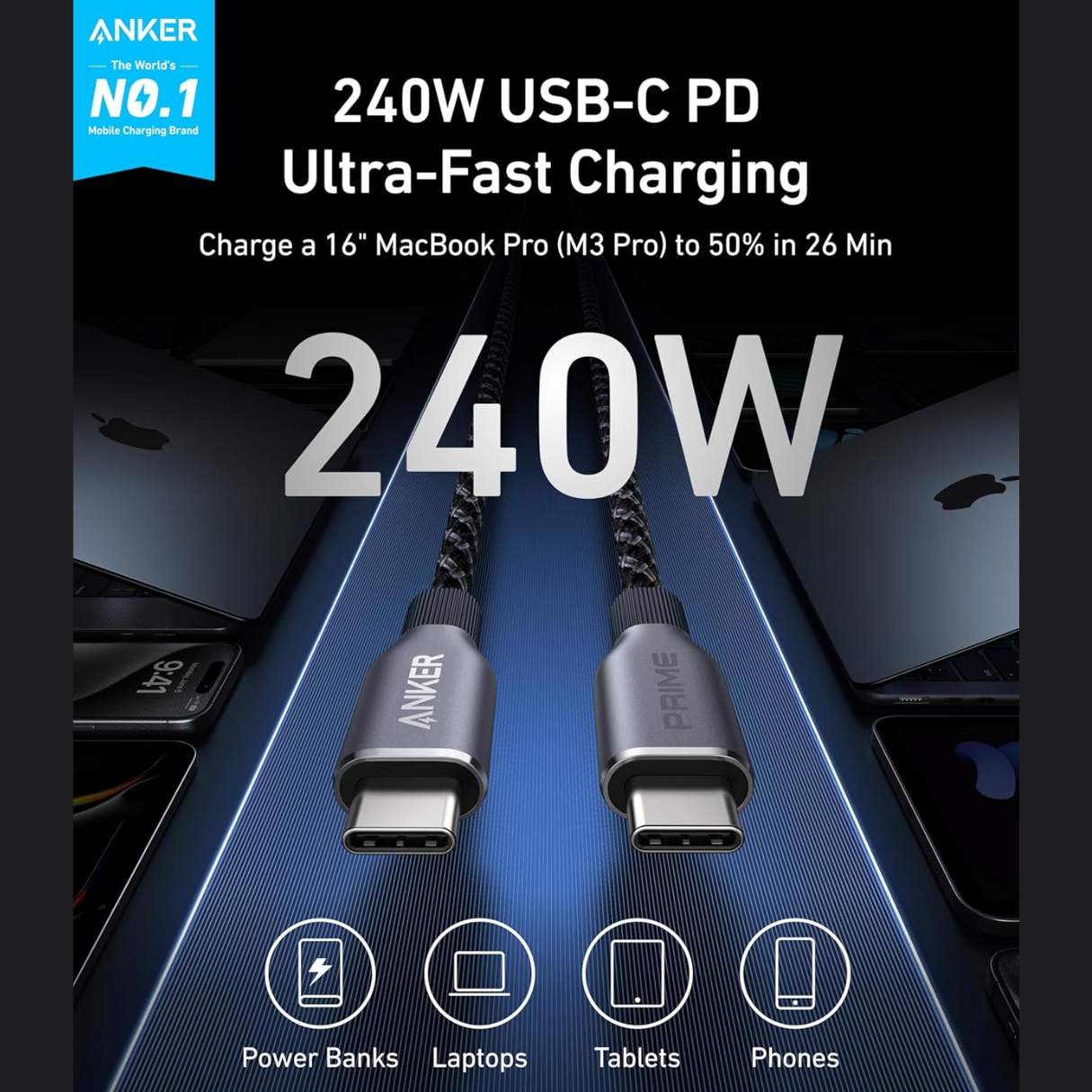 Anker Prime Cable tipo C a C, 240W, con durabilidad 100 años, USB 2.0 para iPhone 16/Galaxy/MacBook/iPad y más