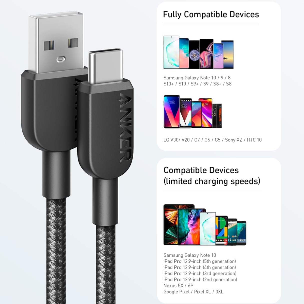 Anker cable tipo USBA a USBC (paquete 2 unidades), 1.80M, duradero en nailon trenzado, para celulares, tablets, auriculares, y más