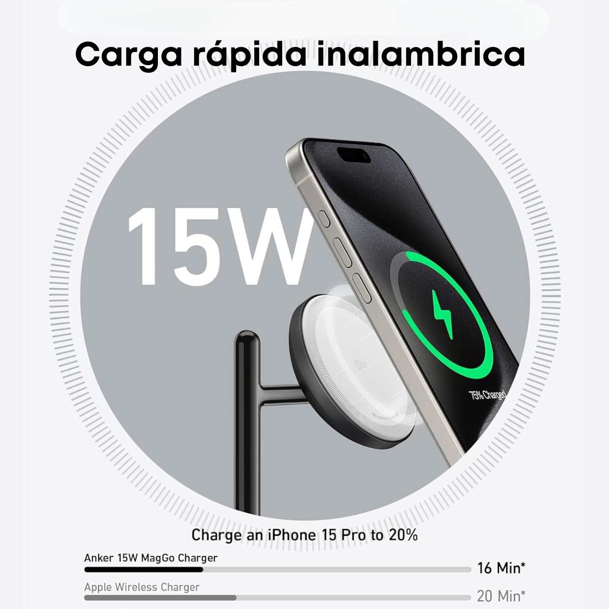 Cargador MagSafe Anker MagGo 15W certificado Qi2 para iPhone 16-12 series, Apple Watch-AirPods