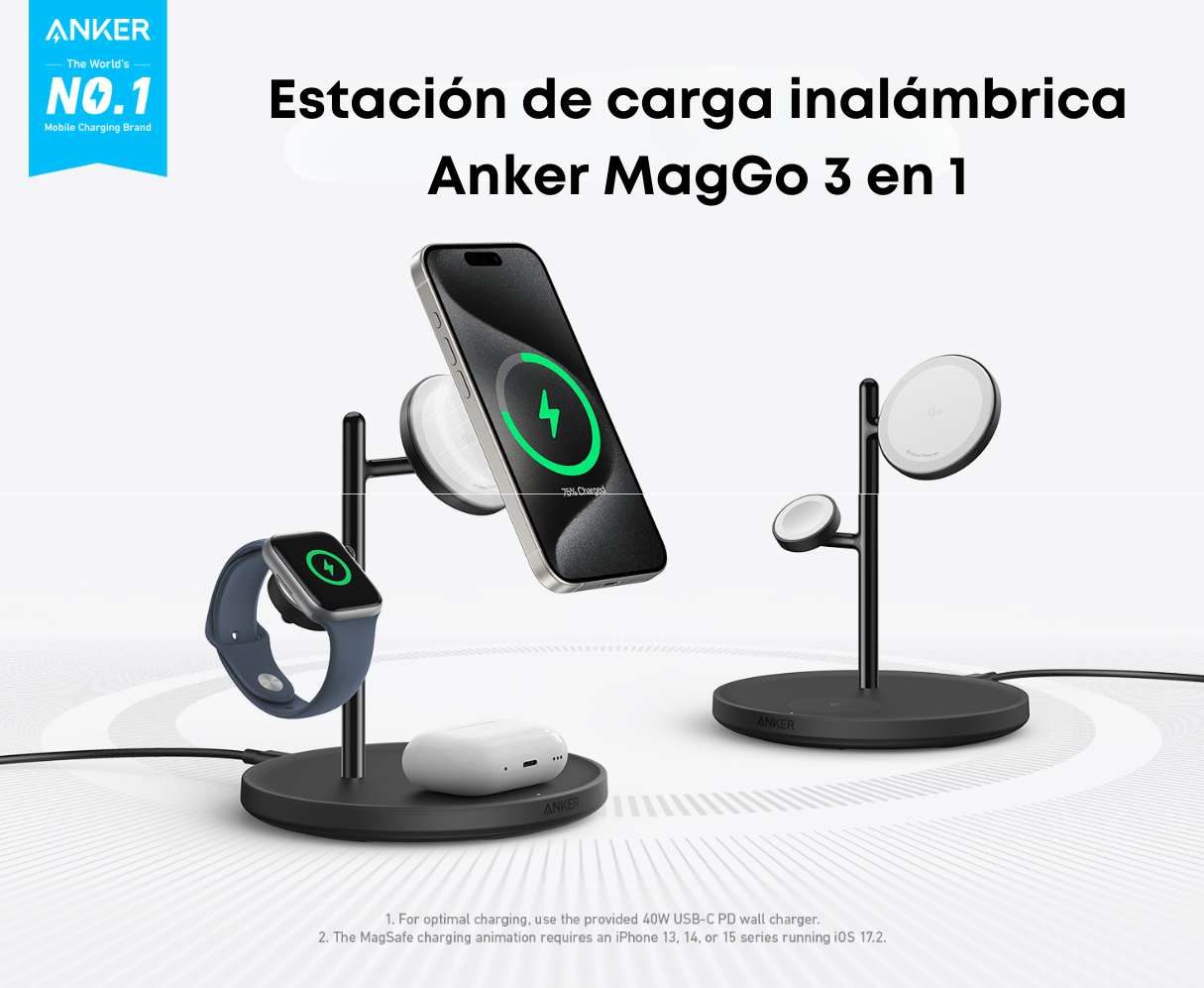 Cargador MagSafe Anker MagGo 15W certificado Qi2 para iPhone 16-12 series, Apple Watch-AirPods