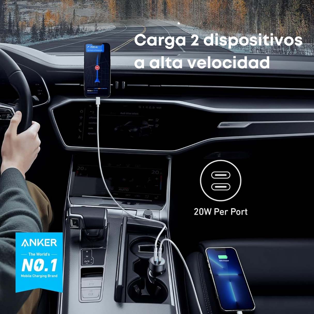 Anker Cargador de Vehículo tipo C 40W, PowerIQ 3.0 de 2 puertos para iPhone 16/15/Galaxy y más