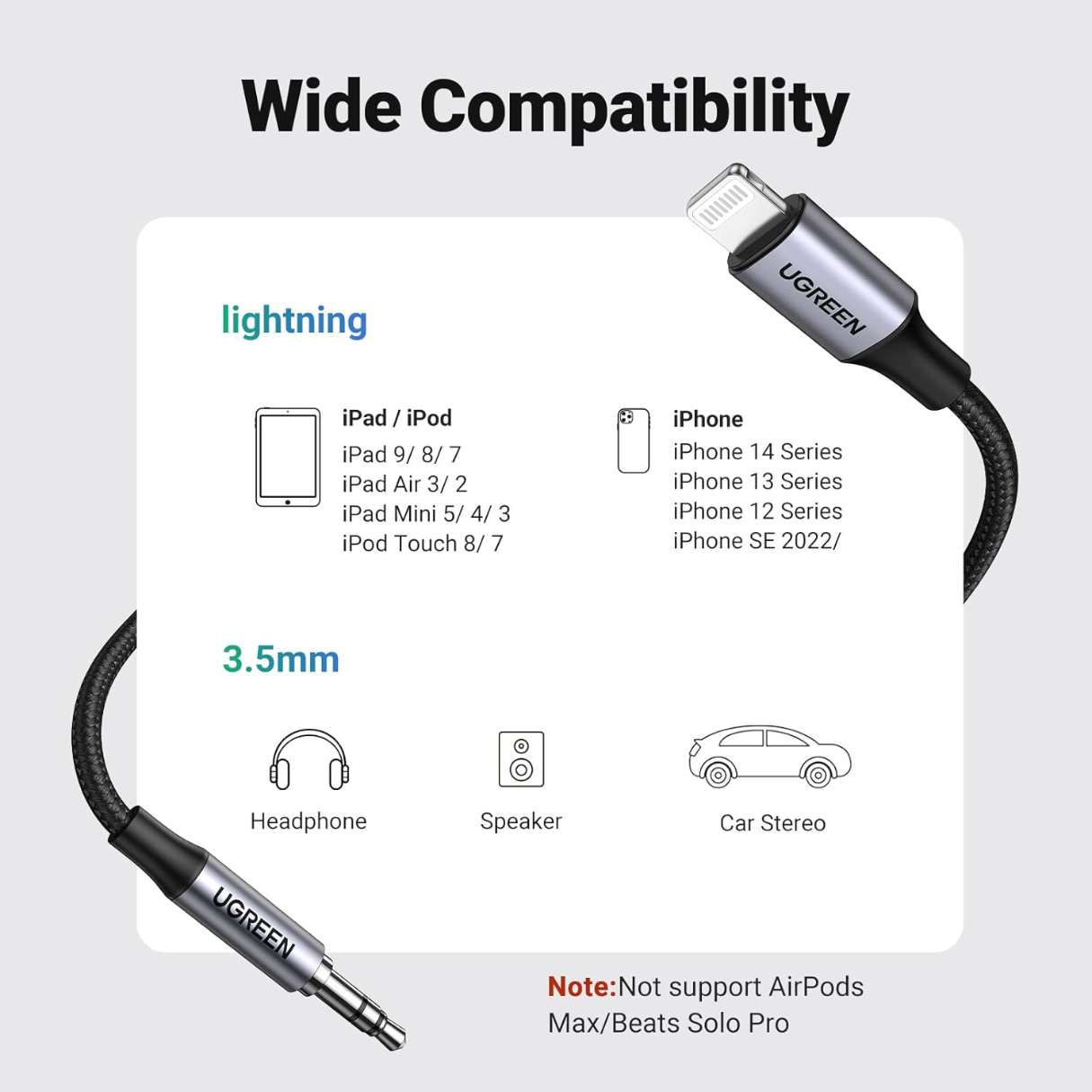 Ugreen Cable adaptador Lightning Certificado MFi para iPhone a 3.5m para iPhone 14/13/12/11/XR