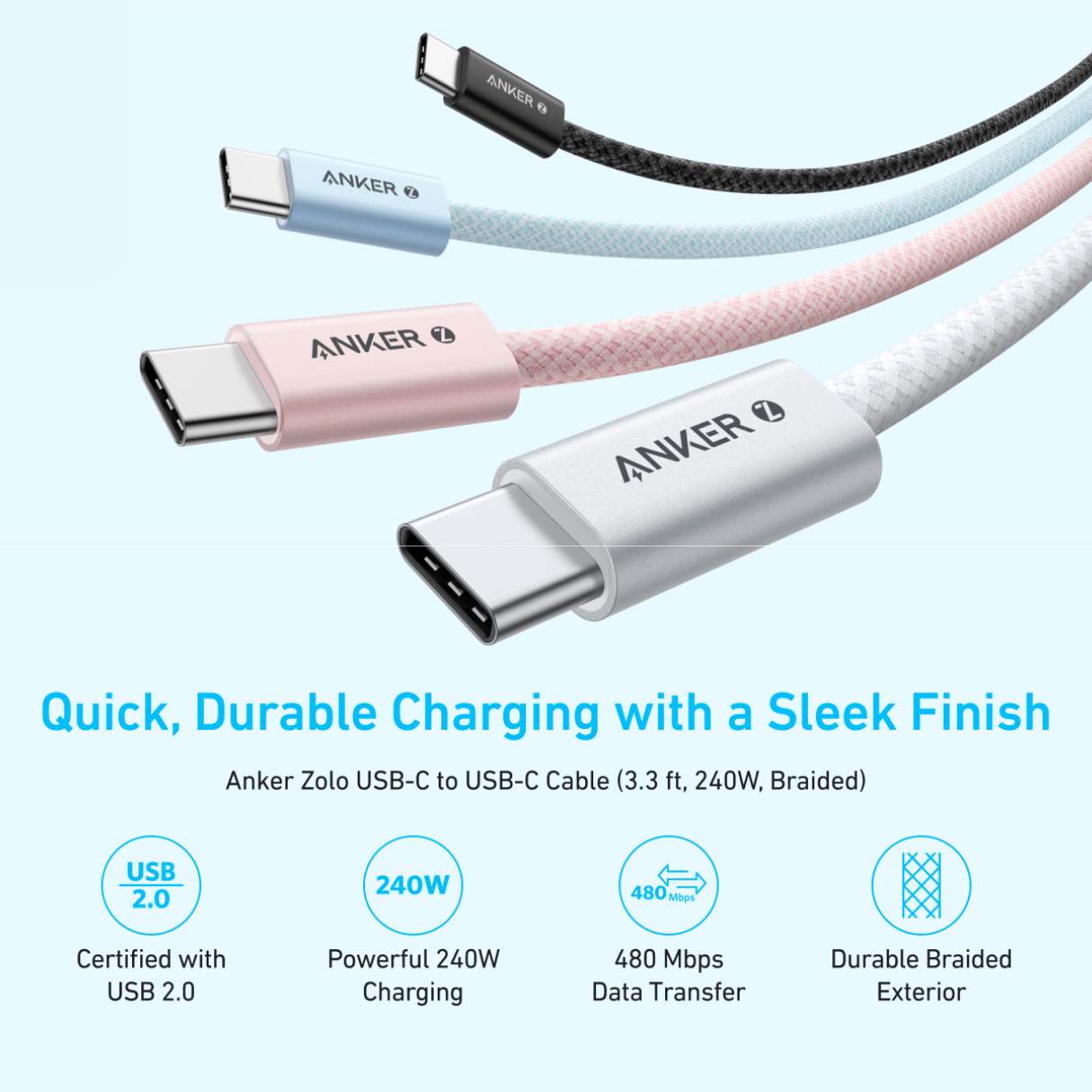 Anker Zolo - Cable tipo C a C, trenzado y repelente a la suciedad, carga rápida 240W 0.9M