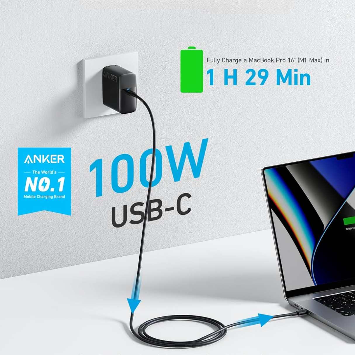 Anker Cargador tipo C para MacBook de 100W, compacto y plegable para MacBook Pro/Air/Dell/Lenovo y más