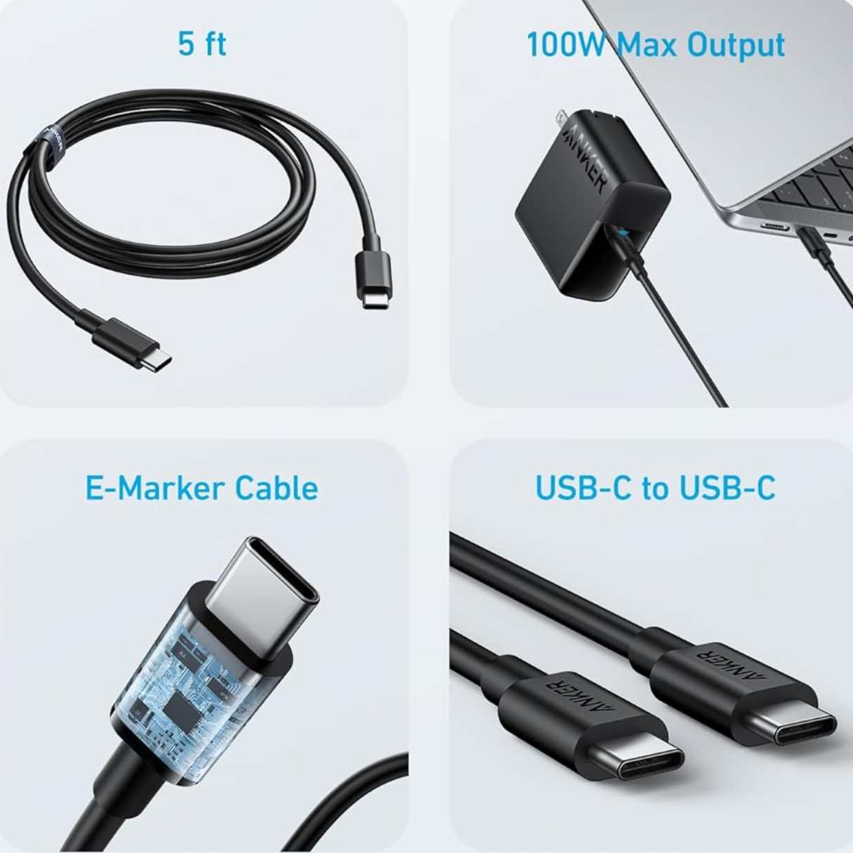 Anker Cargador tipo C para MacBook de 100W, compacto y plegable para MacBook Pro/Air/Dell/Lenovo y más