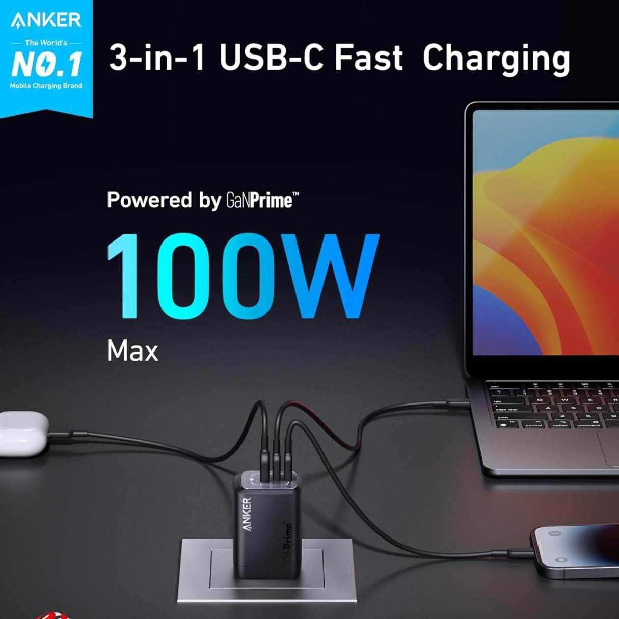 Anker Prime Cargador 100W 3 puertos para MacBook, iPad, iPhone, AirPods, Galaxy y más