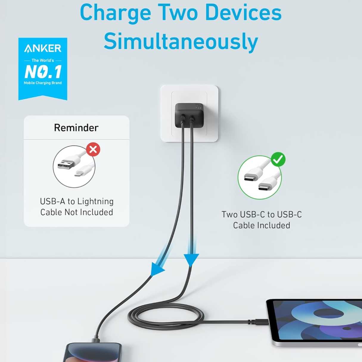 Anker cargador tipo C 20W paquete de 2, + cable tipo C, para iPhone/Samsung/AirPods