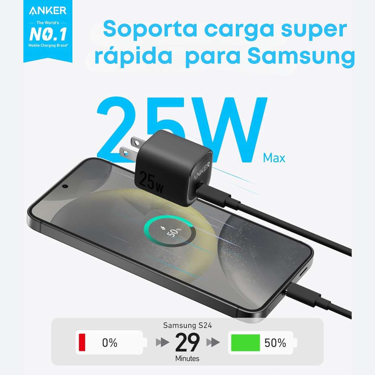 Anker cargador 25W carga súper rápida + Cable tipo C para Samsung Galaxy  S25/S24/S23/Series A