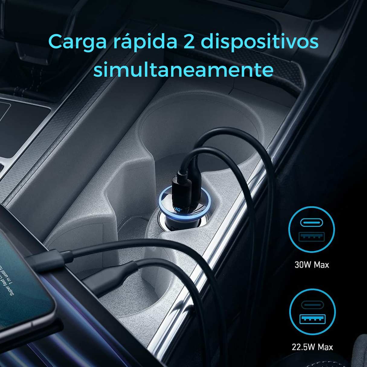 Anker cargador para vehículo 52.5W 2 puertos carga rápida + cable tipo c para iPhone 15/16, Samsung Galaxy y más