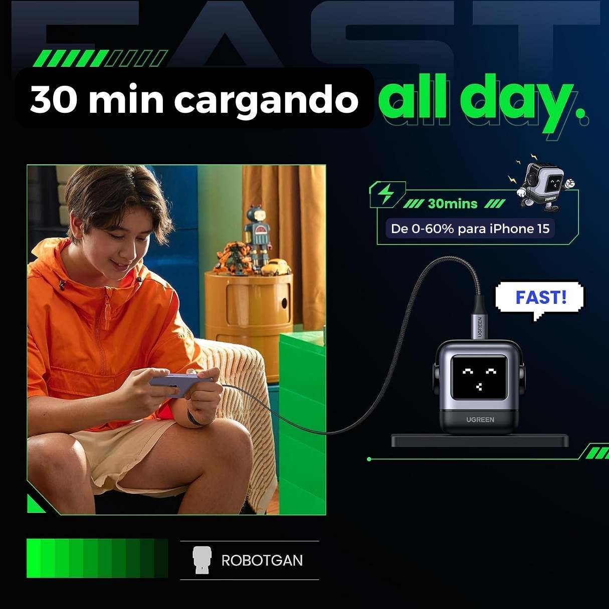 Cargador Ugreen Nexode Robot 30W carga rápida para iPhone 17/iPad/Galaxy