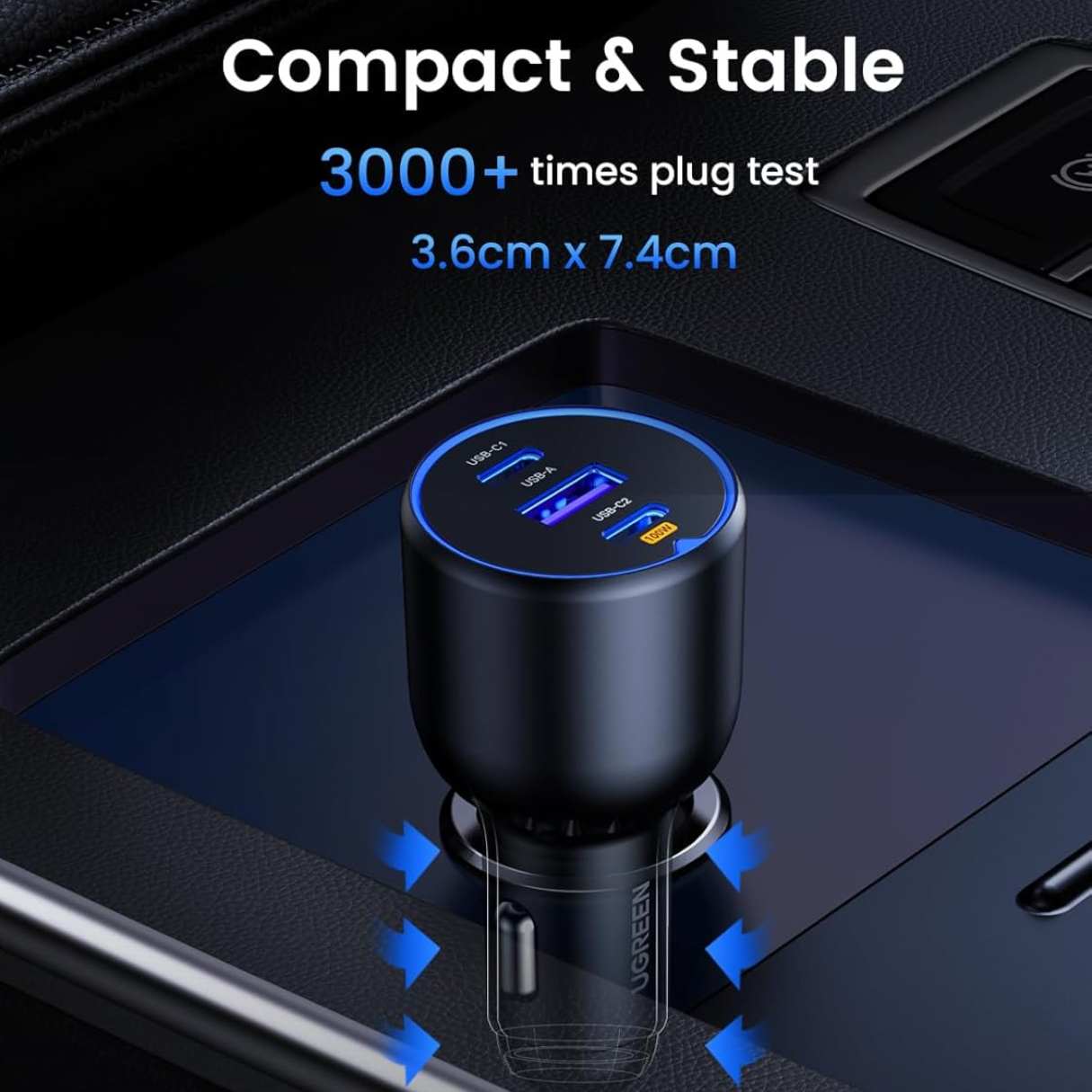 Ugreen Cargador de vehículo tipo C 130W, carga rápida para Macbook, iPad, iPhone, Samsung Galaxy