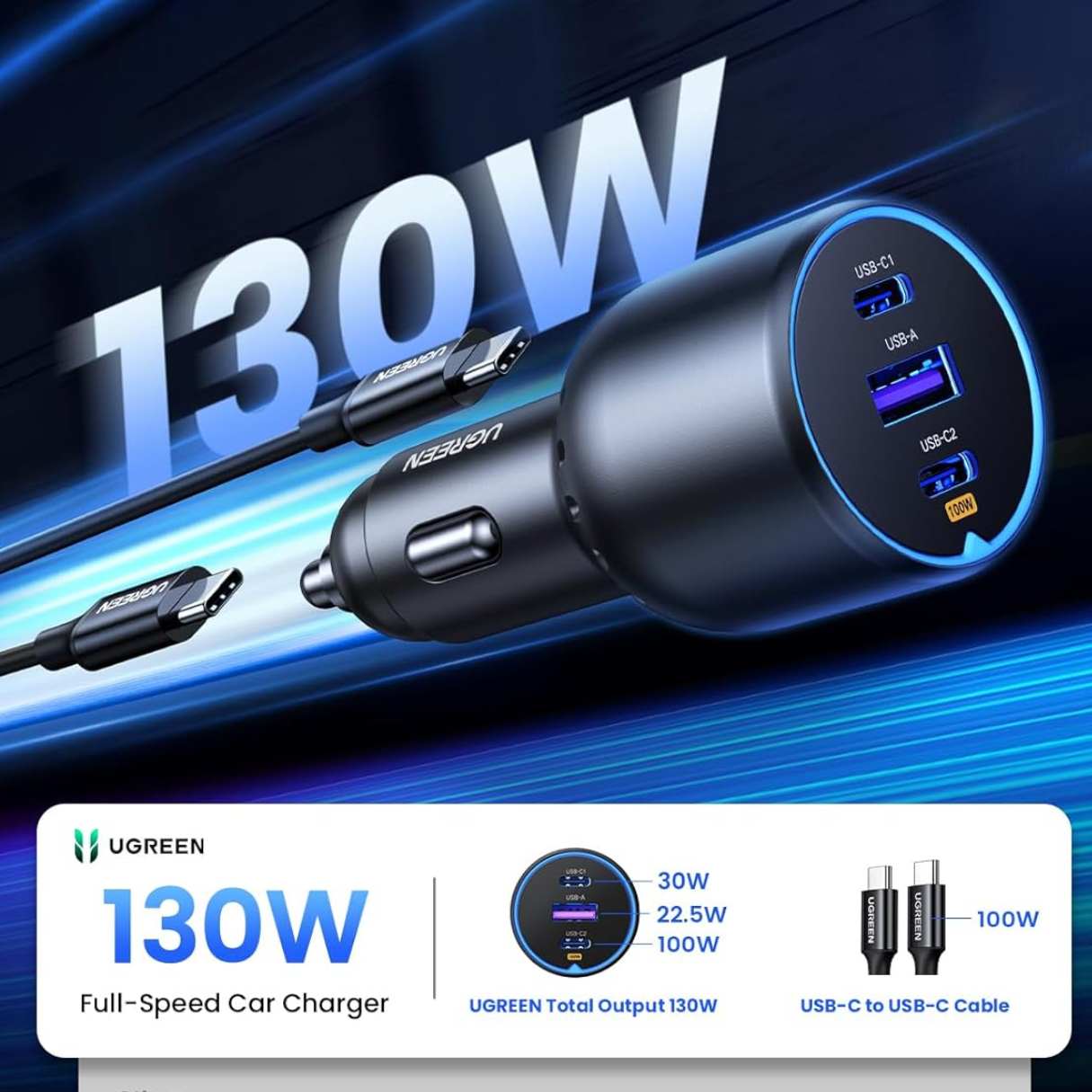 Ugreen Cargador de vehículo tipo C 130W, carga rápida para Macbook, iPad, iPhone, Samsung Galaxy
