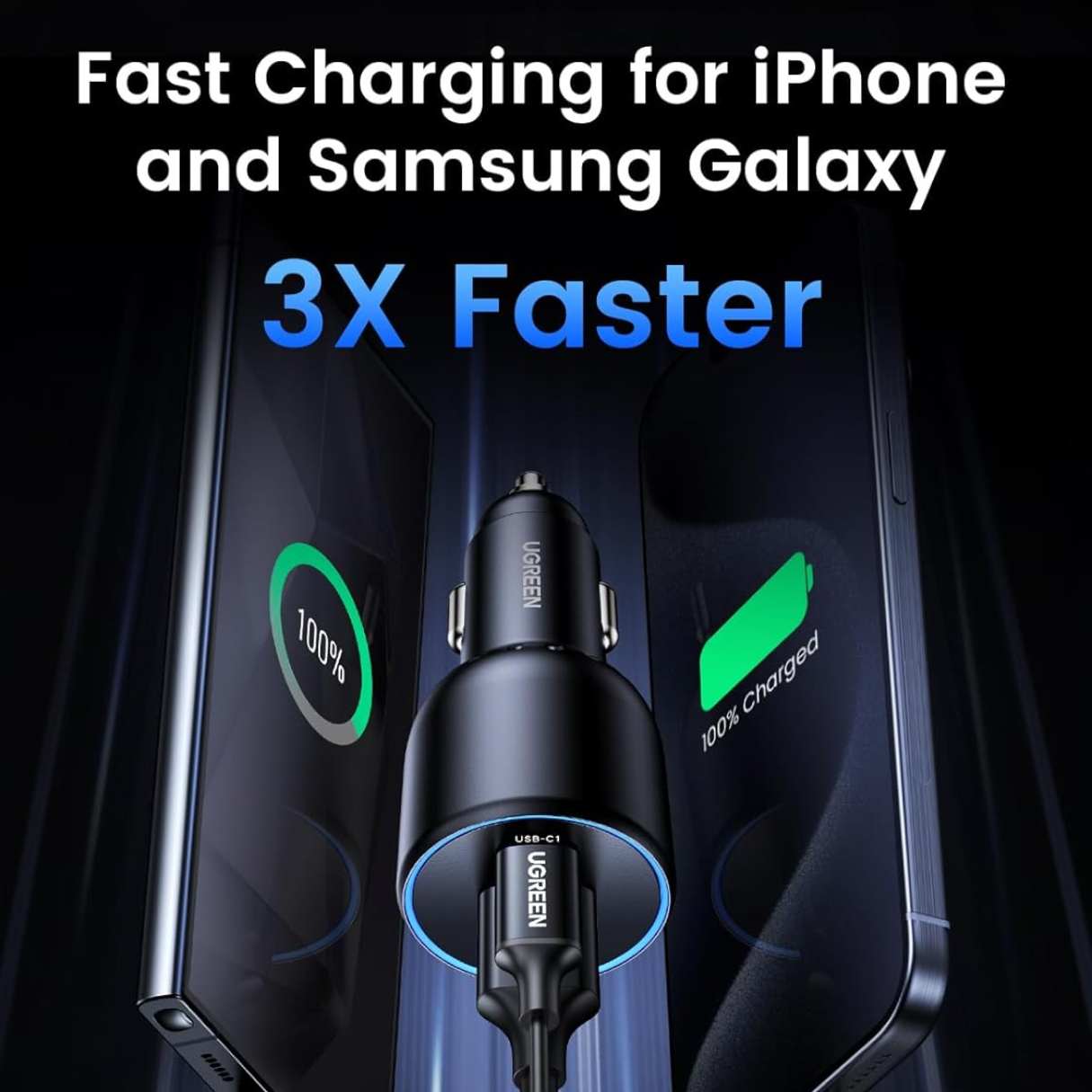 Ugreen Cargador de vehículo tipo C 130W, carga rápida para Macbook, iPad, iPhone, Samsung Galaxy