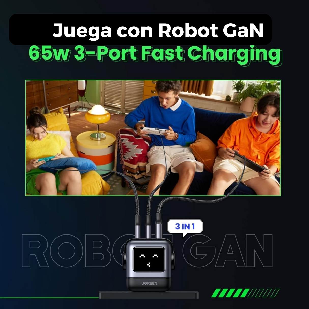 Ugreen cargador Robot GaN 3 puertos 65W para Macbook/iPad/iPhone, Samsung Galaxy S25 Ultra
