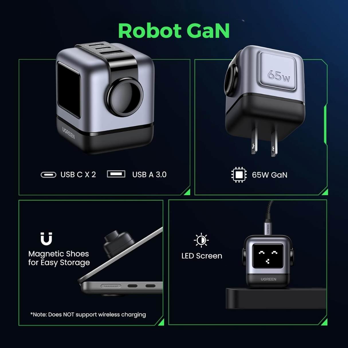 Ugreen cargador Robot GaN 3 puertos 65W para Macbook/iPad/iPhone, Samsung Galaxy S25 Ultra