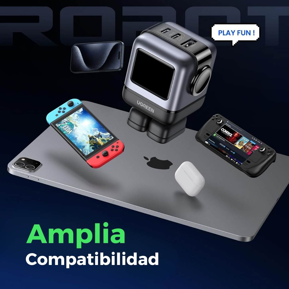 Ugreen cargador Robot GaN 3 puertos 65W para Macbook/iPad/iPhone, Samsung Galaxy S25 Ultra