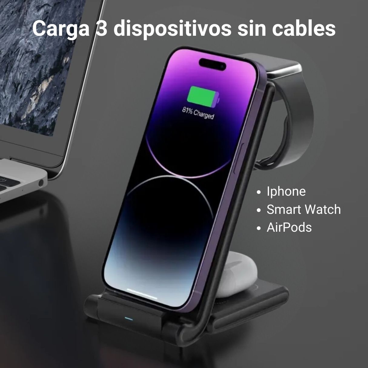 CARGADOR INALAMBRICO 3 EN 1 CARGA RAPIDA PARA IPHONE 15/14/13/12/11/APPLE WATCH/AIRPODS