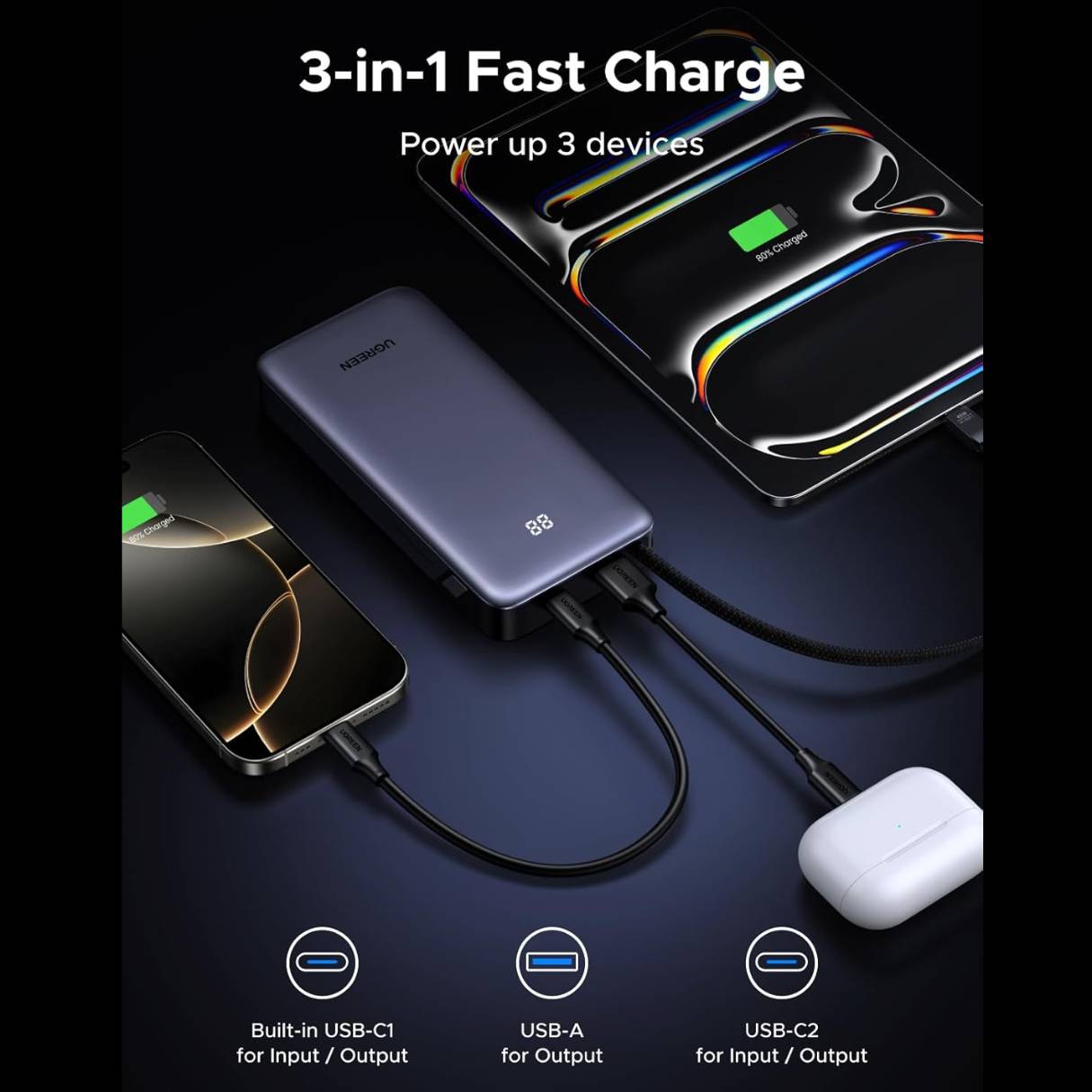 Ugreen Nexode Power Bank 20000mAh 45W con cable integrado, carga rápida para iPhone /Samsung S25 Ultra/iPad Pro y más