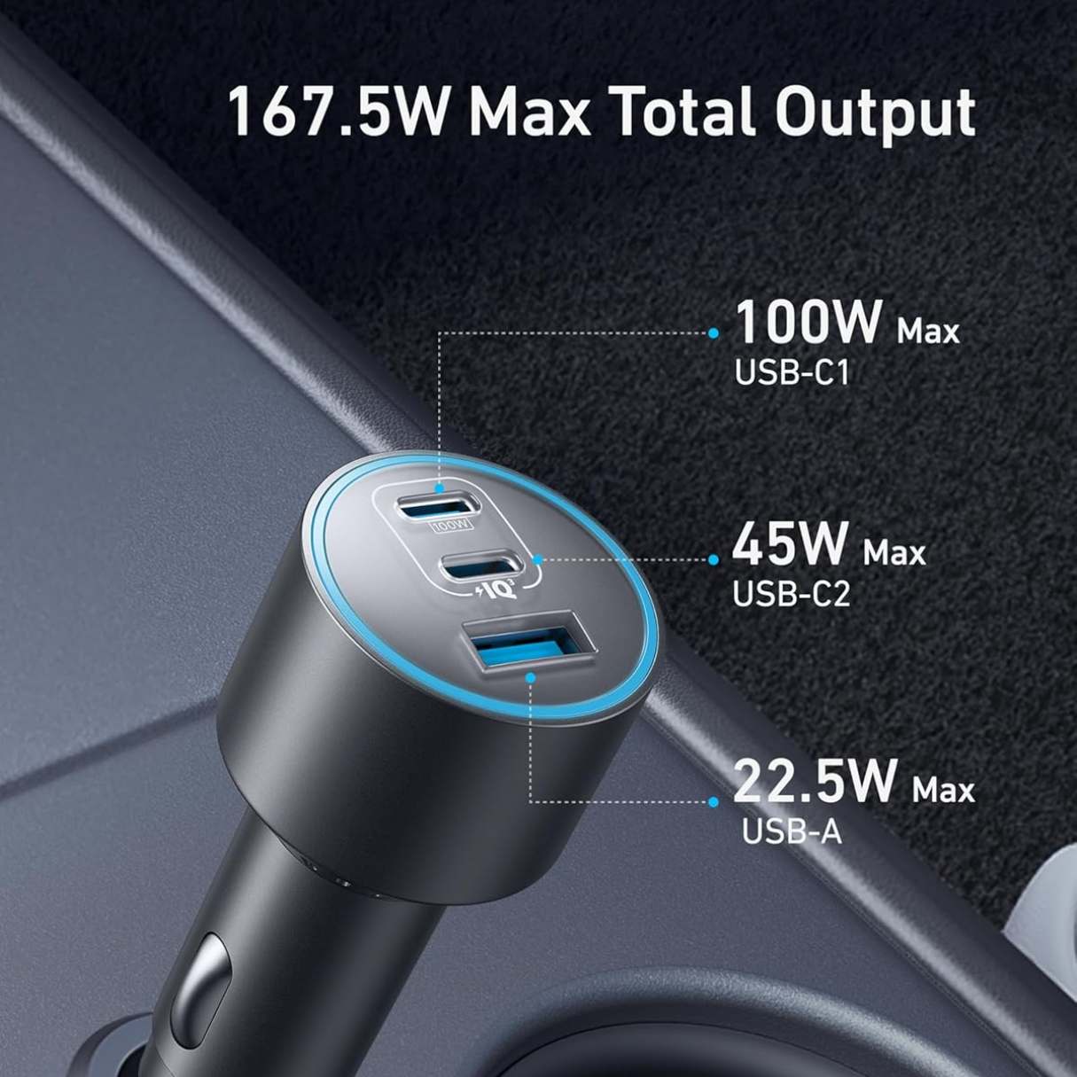 Anker Cargador de Vehículo tipo C de 167.5W 3 puertos para MacBook, iPhone 16/15/14, Samsung S25/S24/Ultra, iPad Pro y más