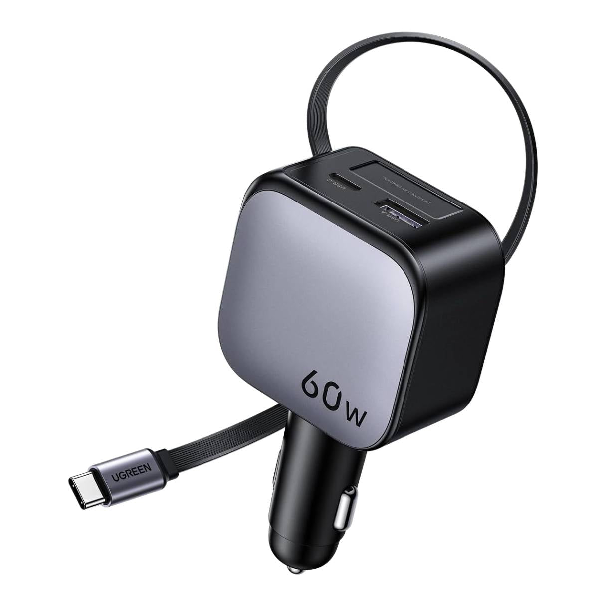 Ugreen Cargador de vehículo de 60W, con cable retráctil de 70cm, 3 puertos de carga simultánea, para iPhone series 17/16/15 & Samsung Galaxy