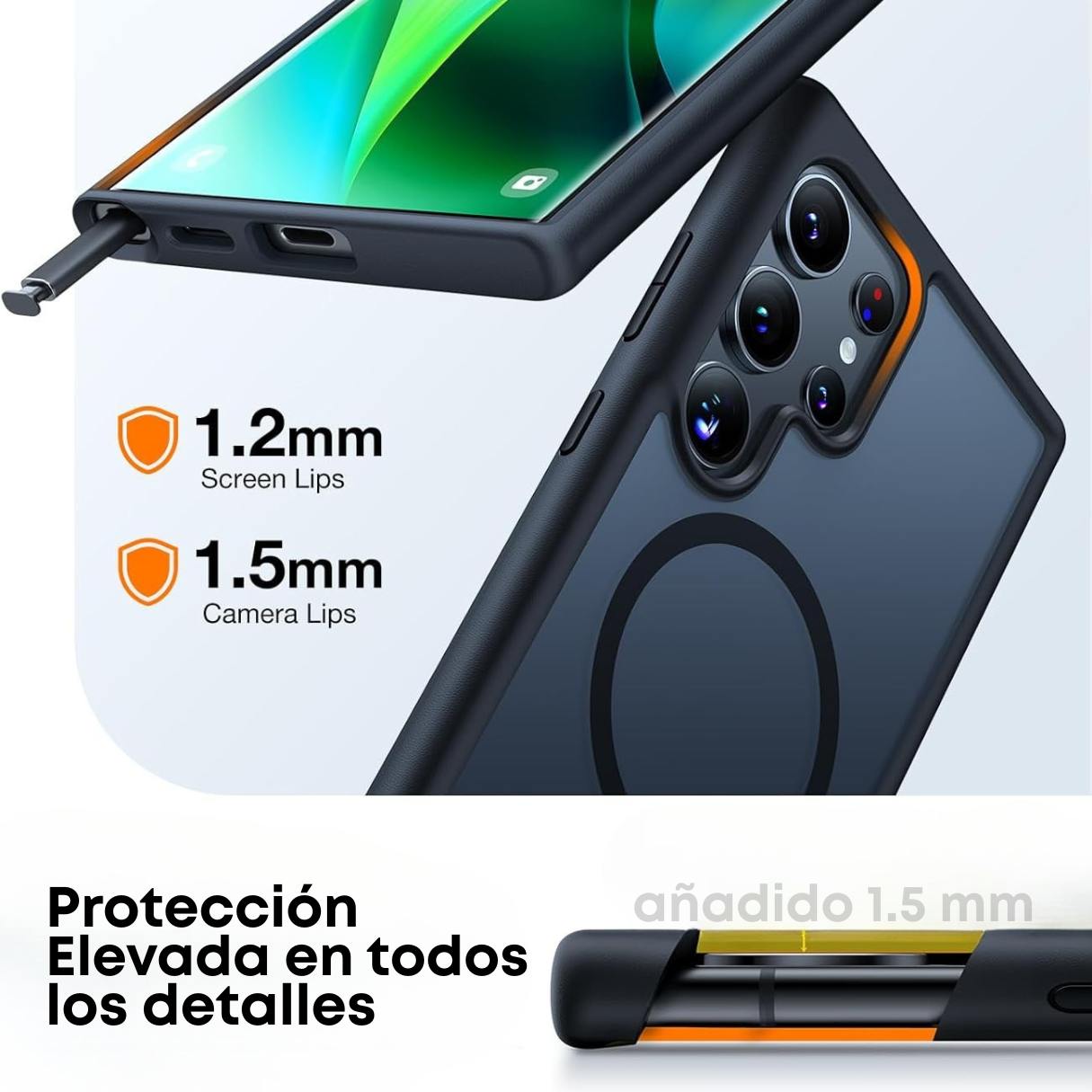 Torras Funda MagSafe para Samsung Galaxy S24 Ultra a prueba de golpes grado militar, delgada, semitransparente, negra