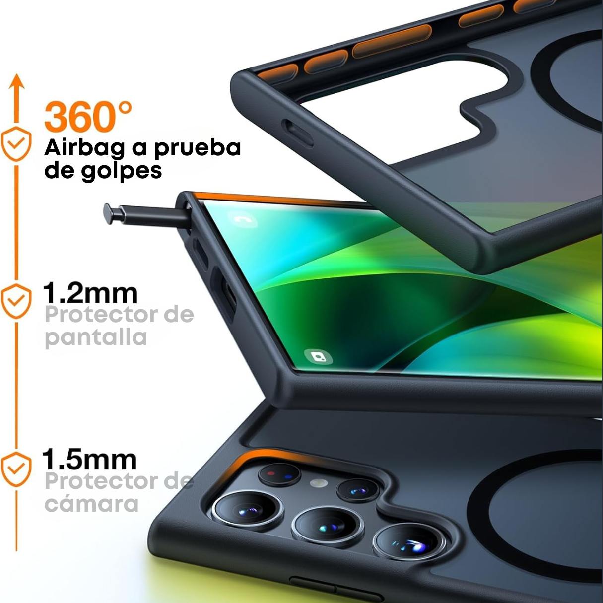 Torras Funda MagSafe para Samsung Galaxy S24 Ultra a prueba de golpes grado militar, delgada, semitransparente, negra
