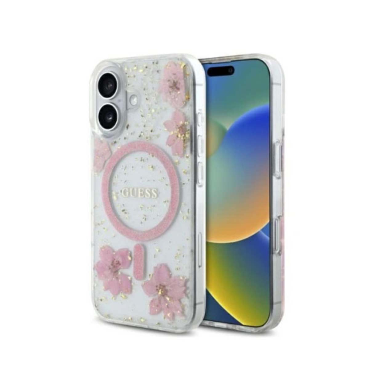 Guess Funda MagSafe para iPhone 16 contra caídas de grado militar, Flores de Resina, elegante