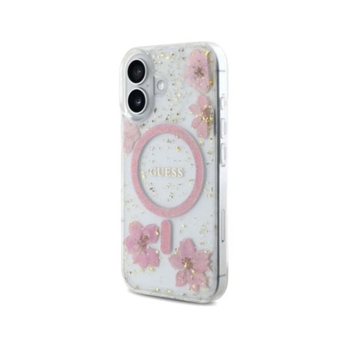 Guess Funda MagSafe para iPhone 16 contra caídas de grado militar, Flores de Resina, elegante