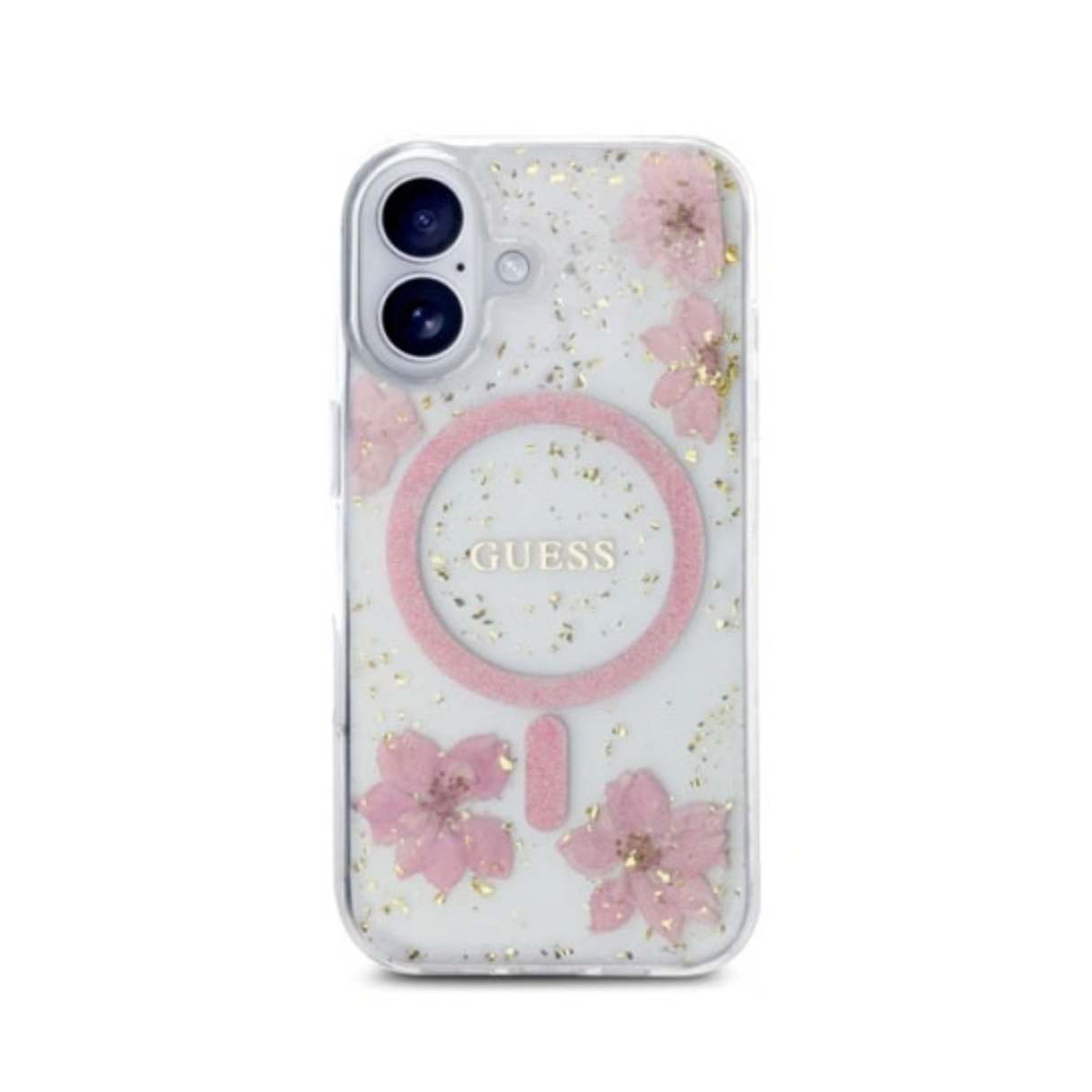 Guess Funda MagSafe para iPhone 16 contra caídas de grado militar, Flores de Resina, elegante