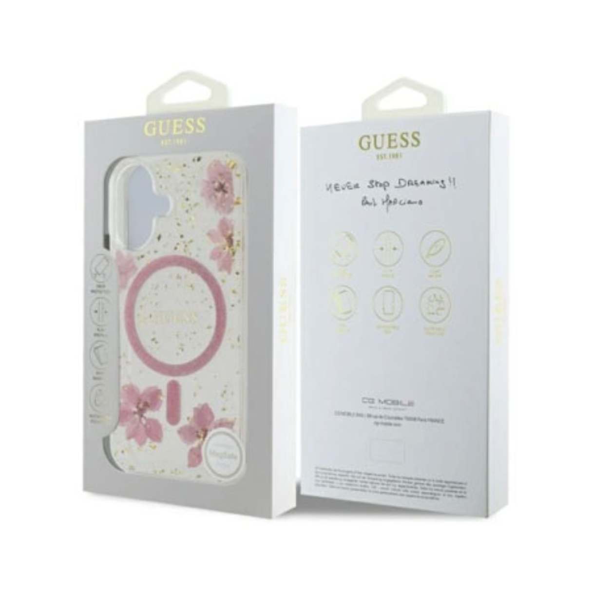 Guess Funda MagSafe para iPhone 16 contra caídas de grado militar, Flores de Resina, elegante