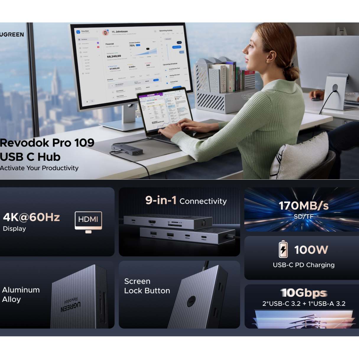 Ugreen Revodok Pro 9 en 1, Ethernet 4K @60Hz HDMI, carga PD de 100W, puertos de datos USB A, lector de tarjetas SD/TF compatible con Mac M1, M2, M3, M4, Steam Deck y más