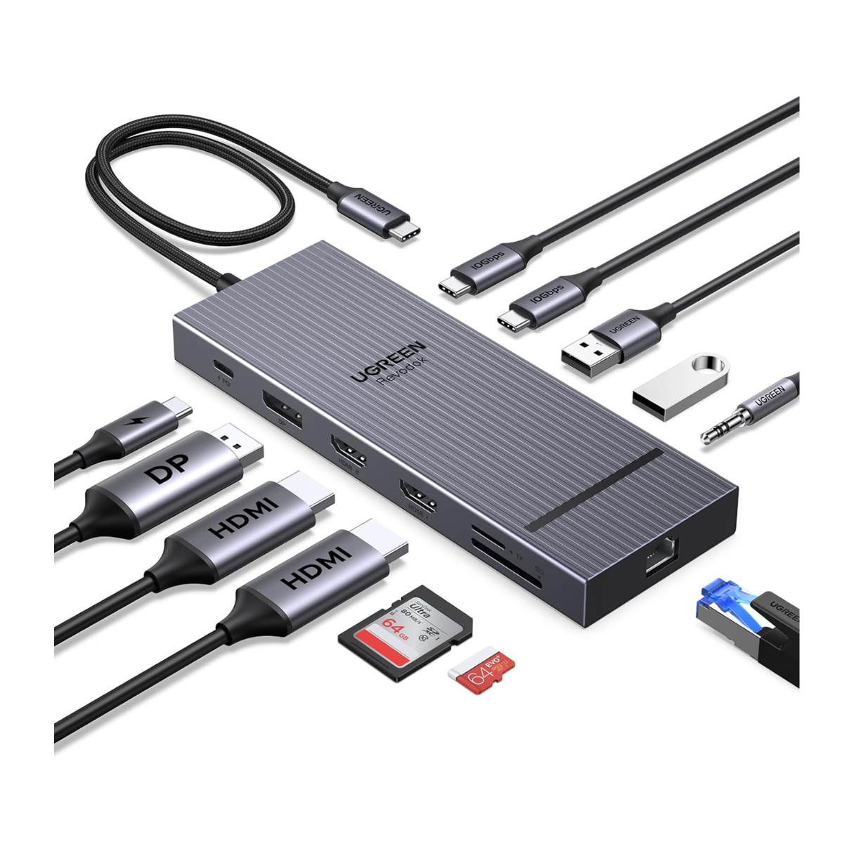 Ugreen Revodok Pro 4K, 12 en 1 con 2 HDMI, DP, 2x10G USB C, 2 USB-A2.0, 100 W PD, SD/TF, Ethernet de 1000 Mbps, audio de 3.5mm