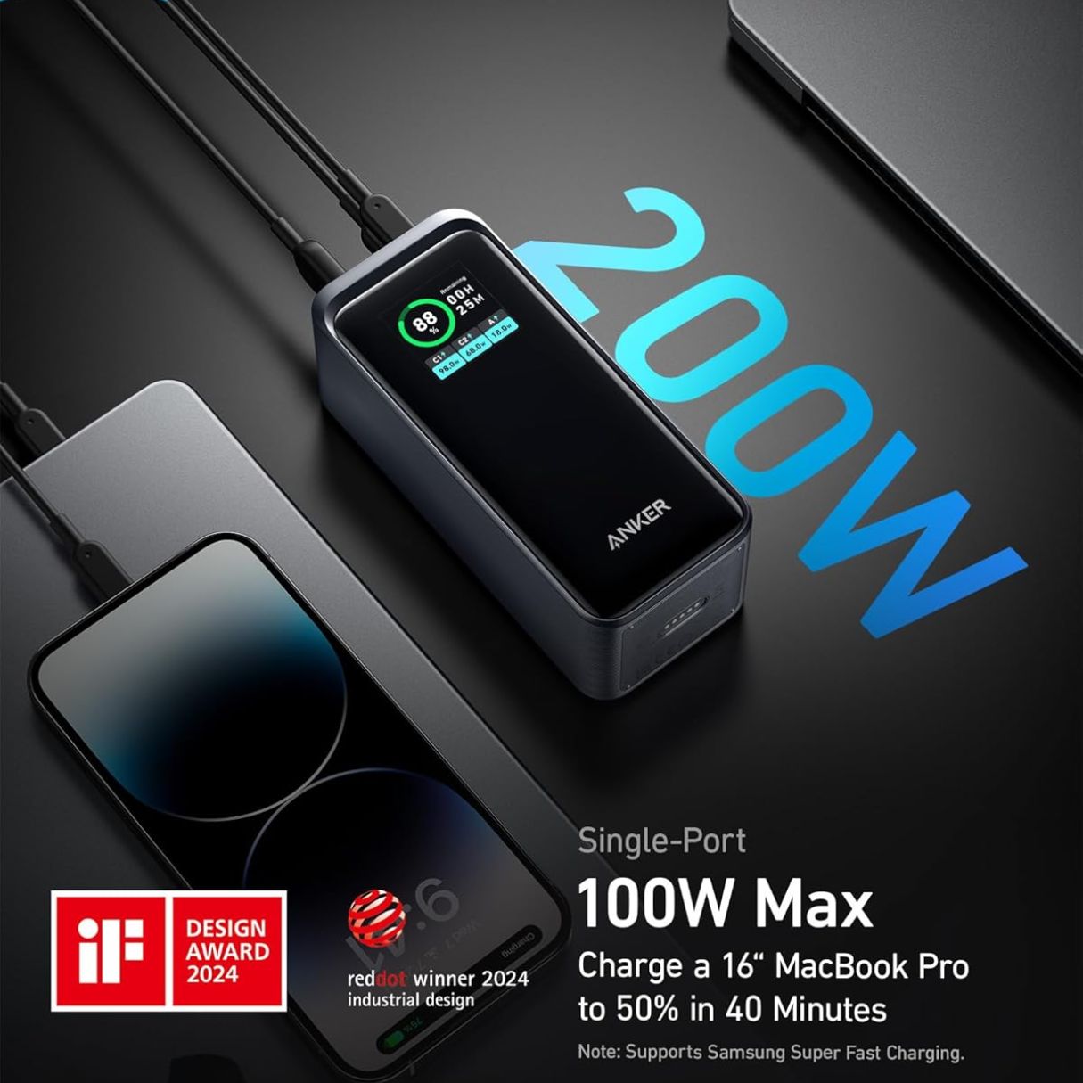 Anker Prime Power Bank de 20,000 mAh 200W pantalla inteligente, 2 puertos USB-C y 1 puerto USB-A para celulares, tablets, laptops y más